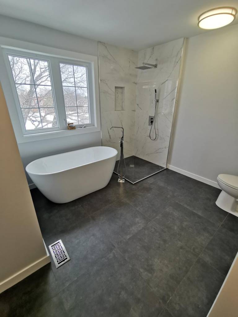 Completed bathroom renovation project in Ottawa featuring modern colours