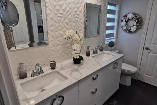 Powder room renovation in Ottawa with custom vanity and mirror