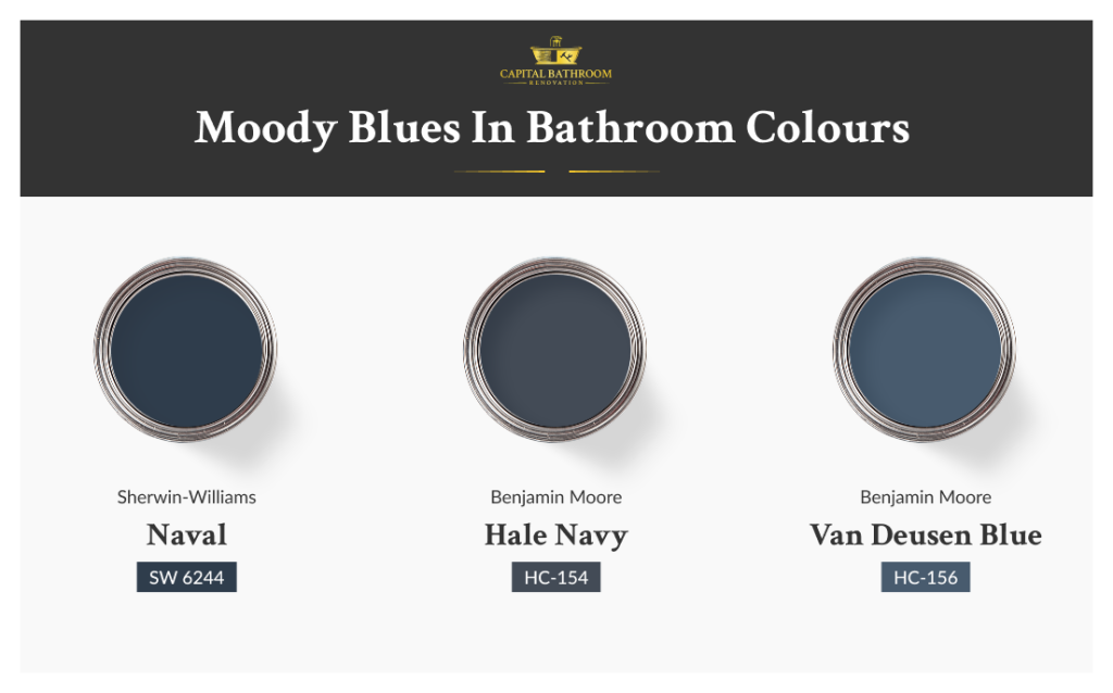 Bathroom painted in moody blue tones, highlighting one of the trending bathroom colour ideas for 2026