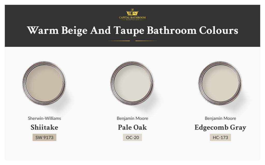 Bathroom painted in warm beige and taupe tones, showcasing timeless and trending bathroom colours for 20265